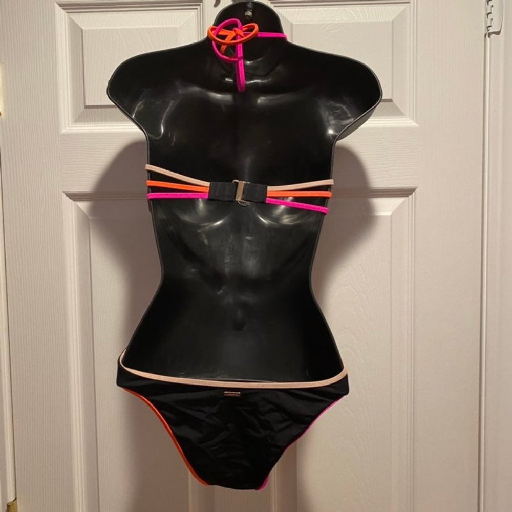 Victoria's Secret Black Halter One-Piece with Pink and Orange Trim - Picture 3 of 6
